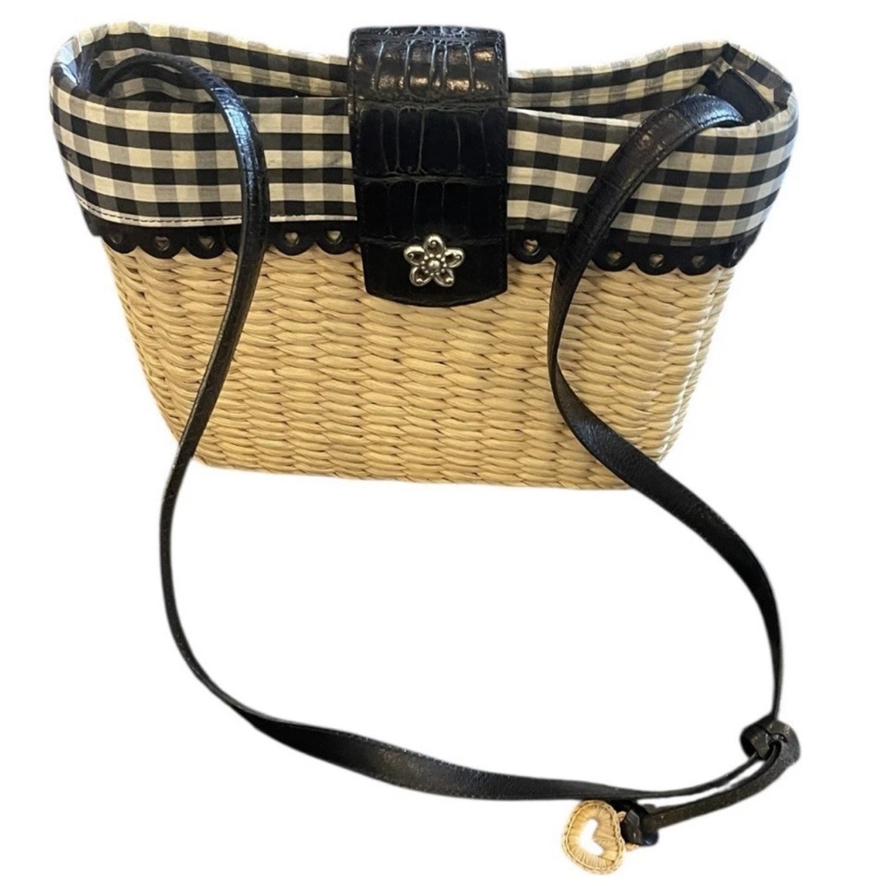 Brighton Vintage Rattan Gingham Black White Leather Handbag Heart Charm - Picture 9 of 11